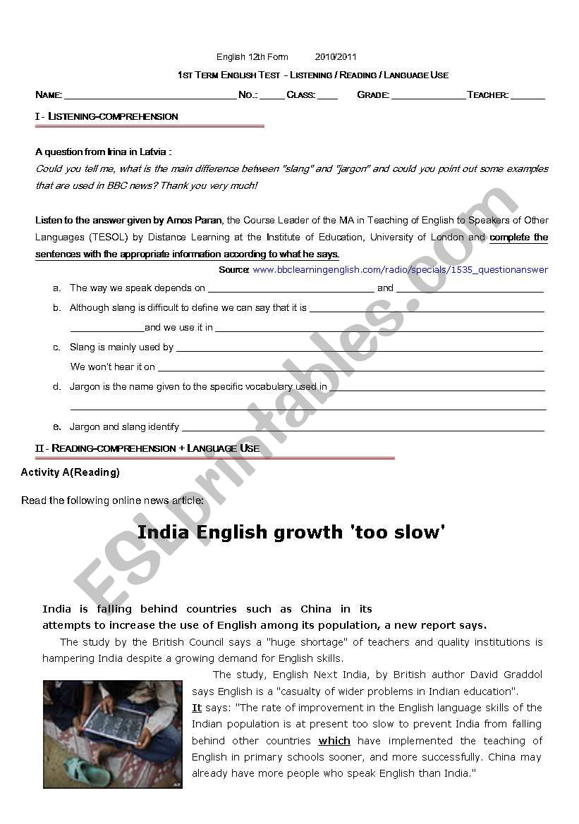 English in the World test worksheet