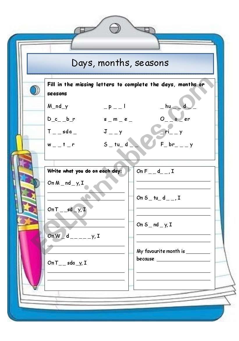 Days, months, seasons gap fill and writing practice
