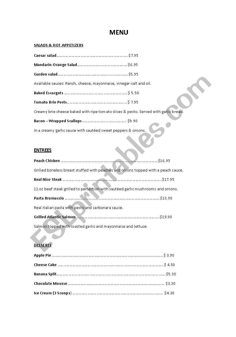 Food Menu (Speaking Activity) worksheet