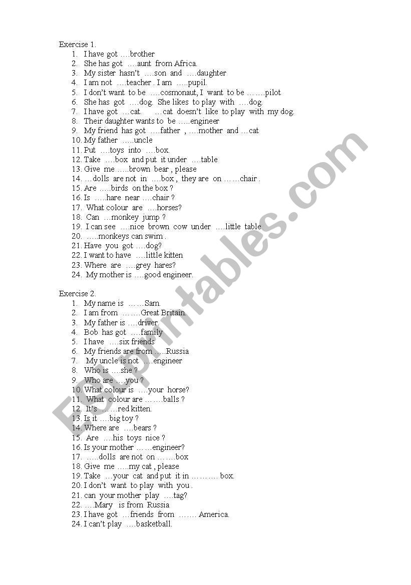 Articles worksheet