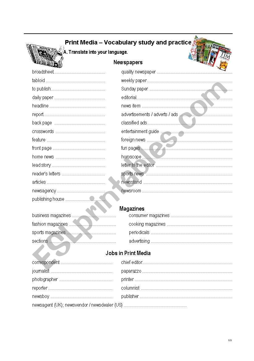 Print Media worksheet