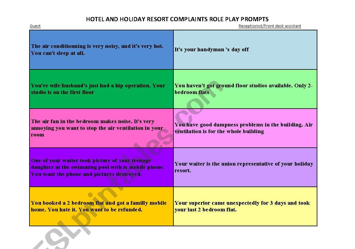 Hotel and holiday resort complaint role play