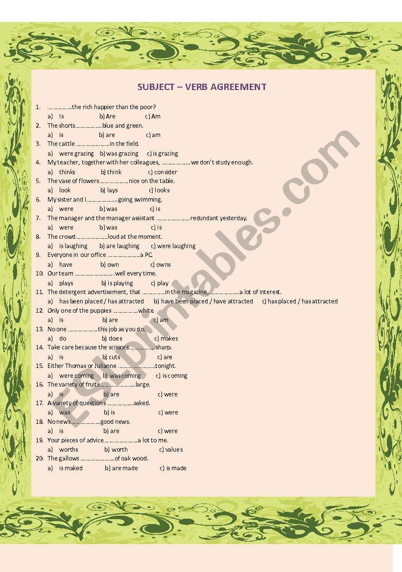 SUBJECT - VERB AGREEMENT worksheet