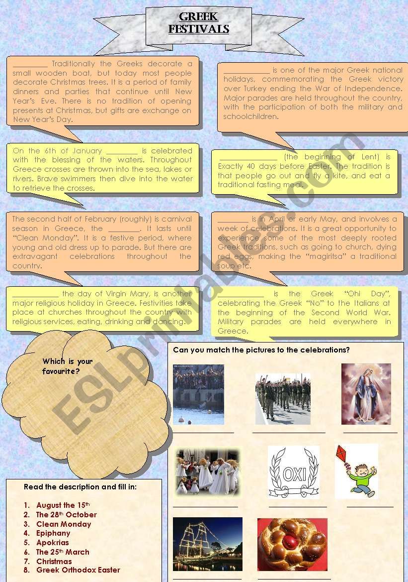 greek celebrations worksheet