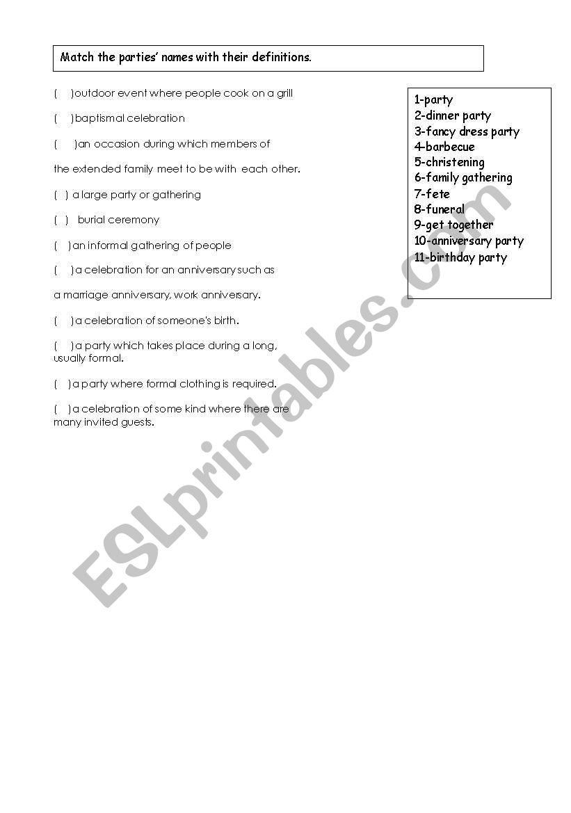 Parties worksheet