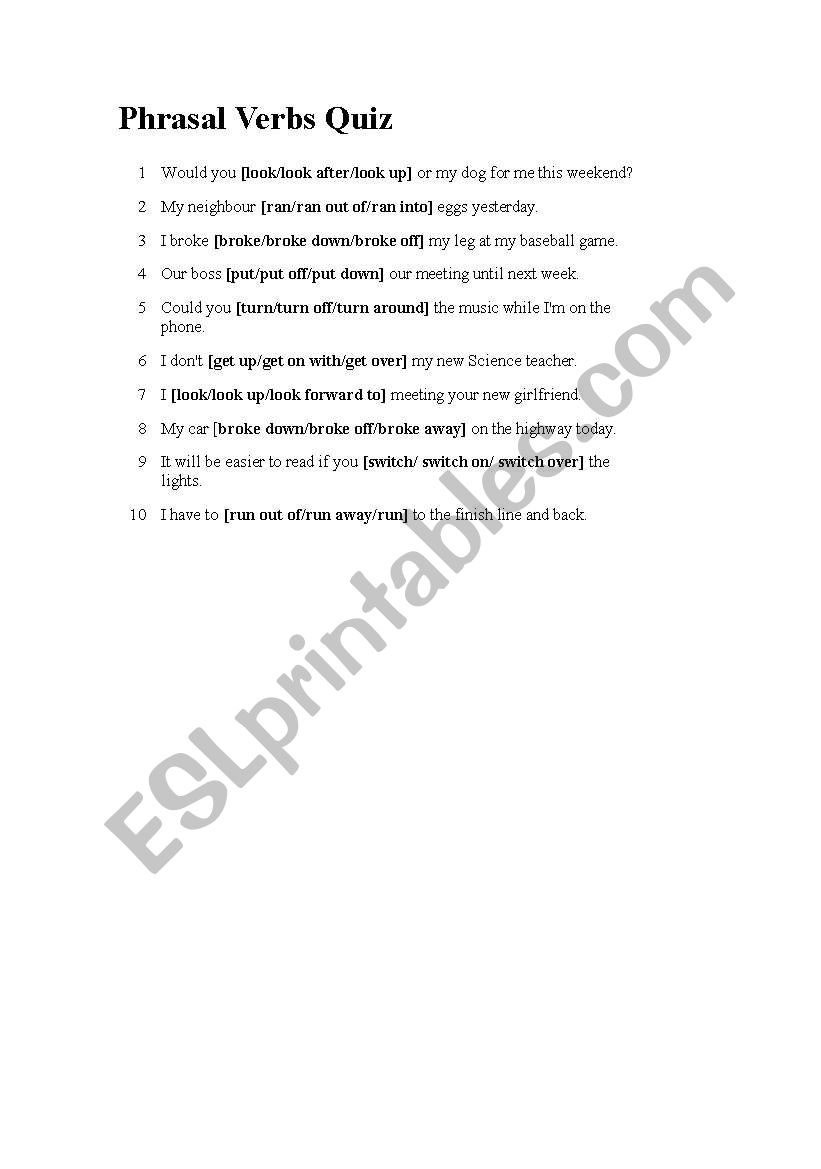Phrasal Verbs Quiz worksheet