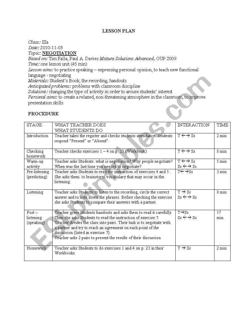 Lesson Plan negiotiation High School