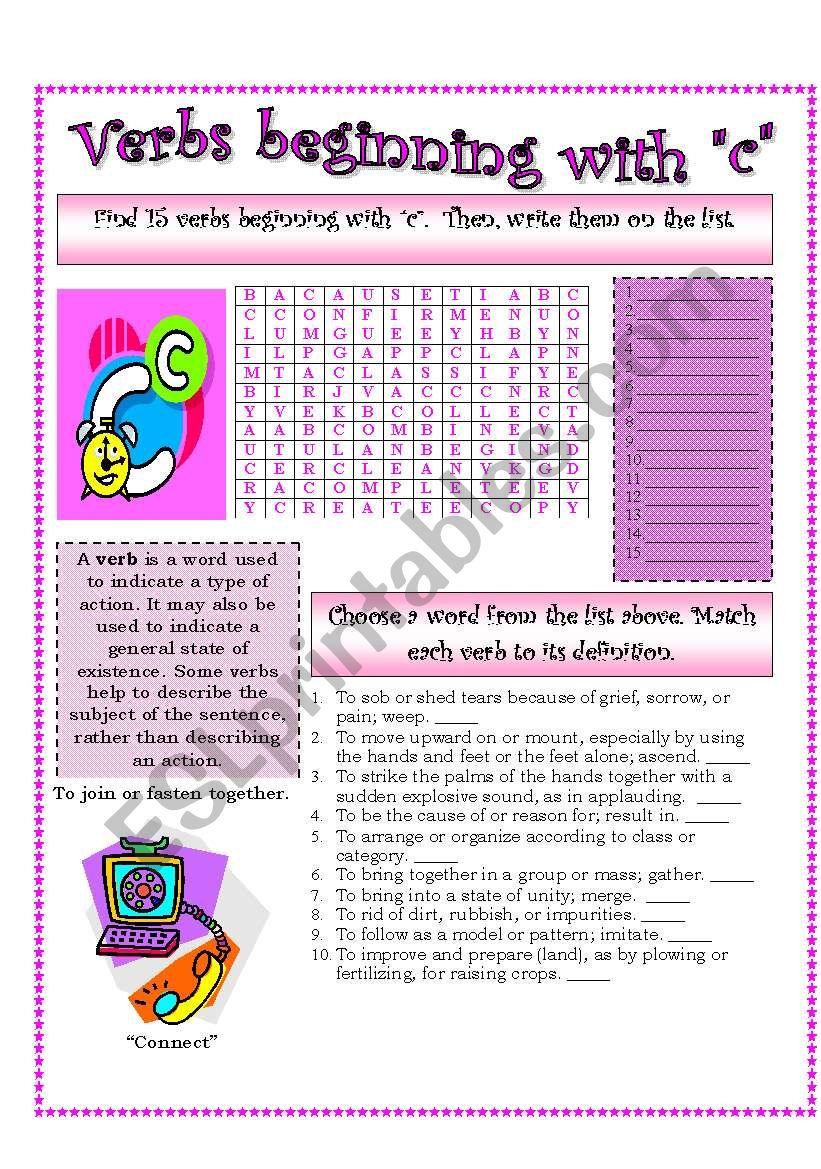 Verbs C A List Of Verbs Classified By Their Beginning Sounds Esl Worksheet By Sldiaz