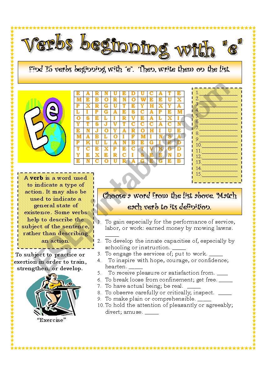 Verbs (E)...A list of verbs classified by their beginning sounds.