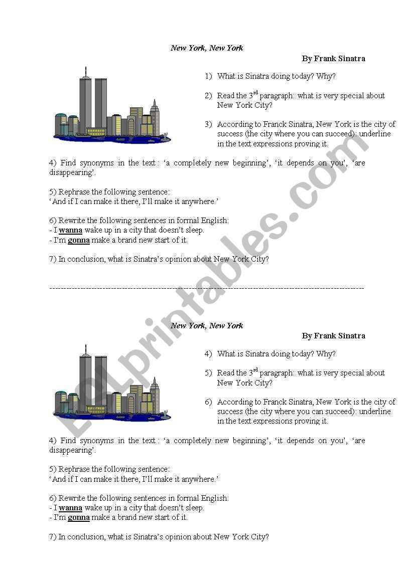 New York New York by Sinatra worksheet