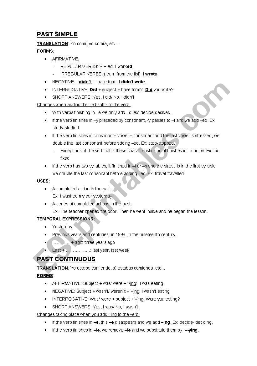 Past tenses: past simple, past continuous and past perfect