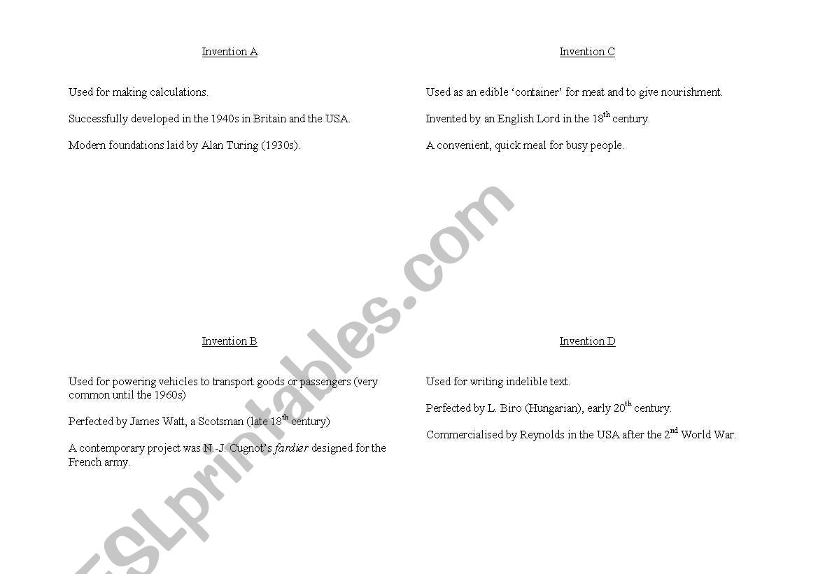 Inventions Game worksheet