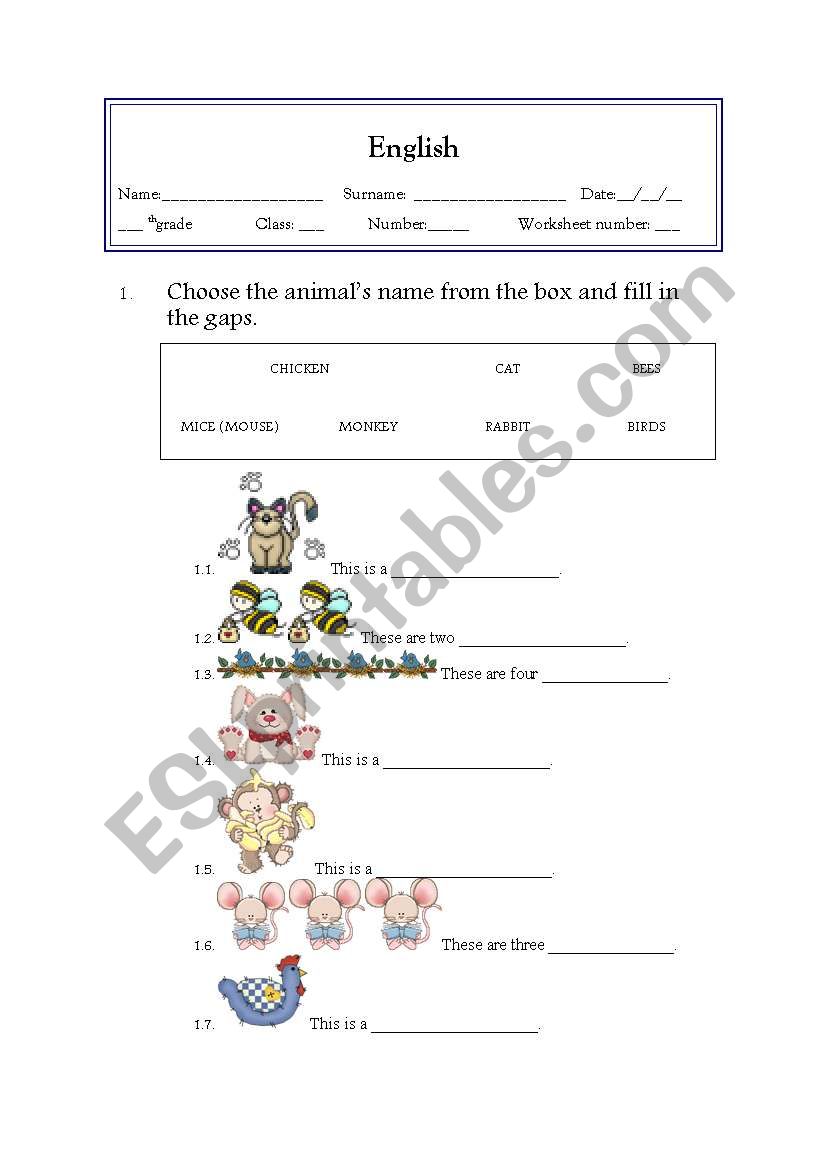 Animals and numbers worksheet