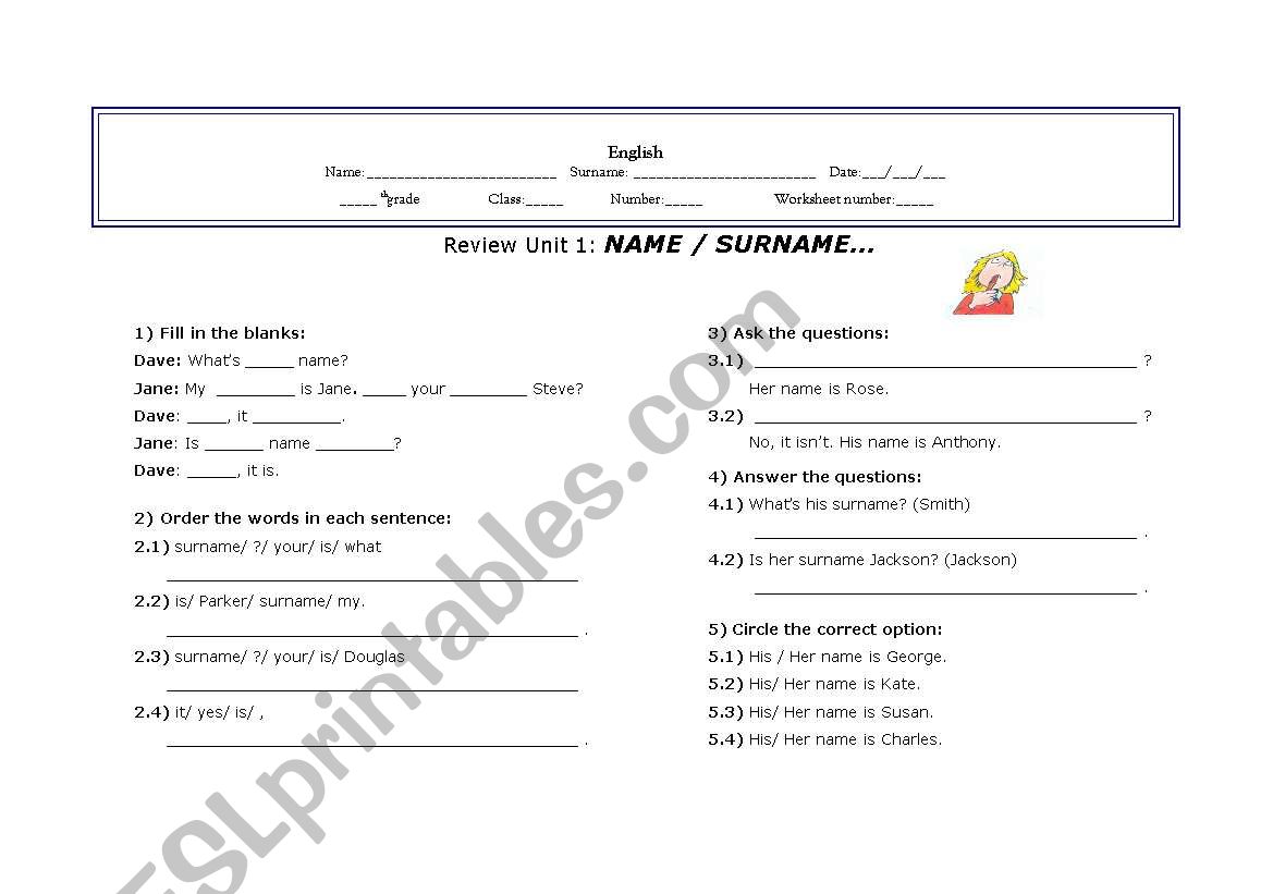 Name, surname and greetings worksheet