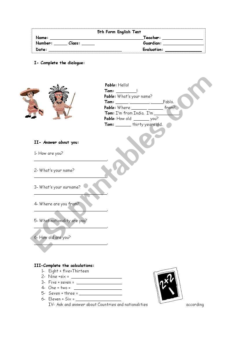 5th form test worksheet