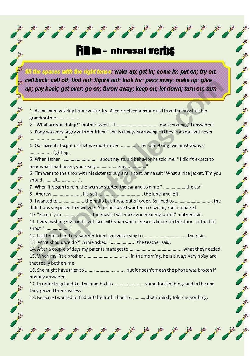 Fill in - phrasal verbs worksheet