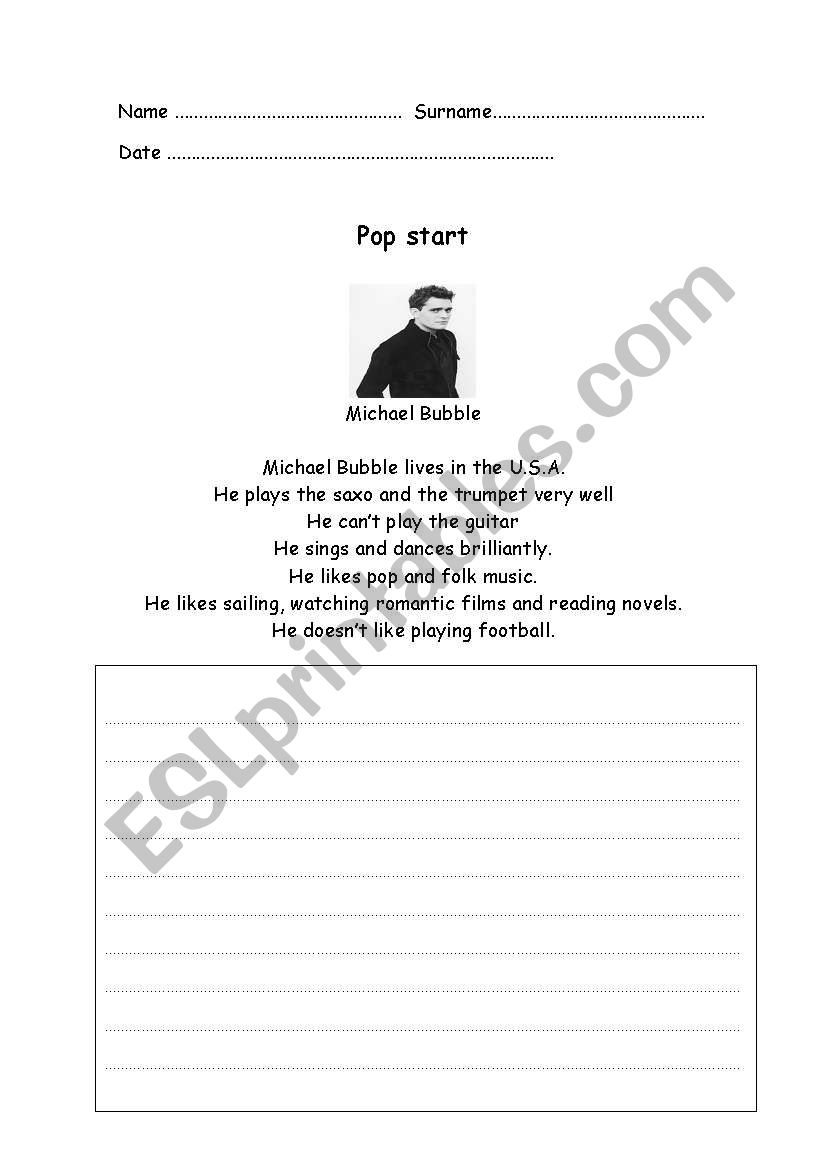 Writing pop star worksheet