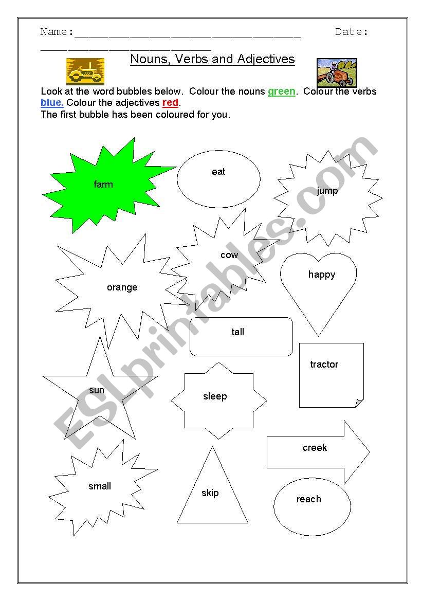 Colour the Bubble - Nouns, Verbs and Adjectives