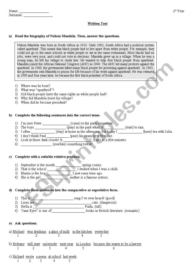 written test-elementary worksheet