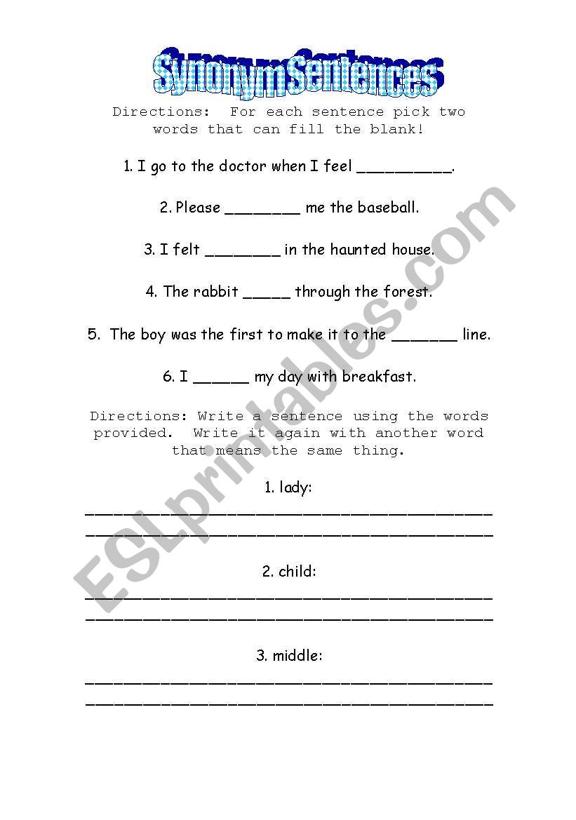Synonym Sentences worksheet