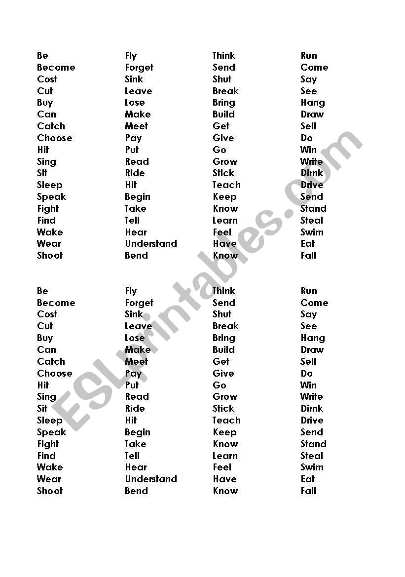 Irregular verb Tennis  list  worksheet