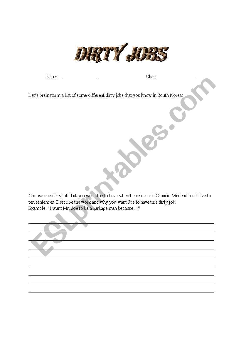 Dirty Jobs worksheet