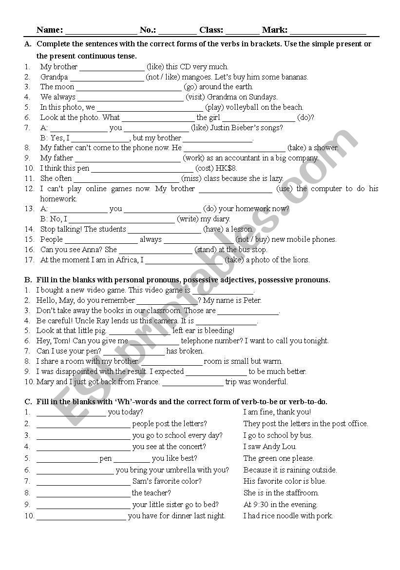 worksheet on wh-question, preposition of place, simple present tense and present continuous