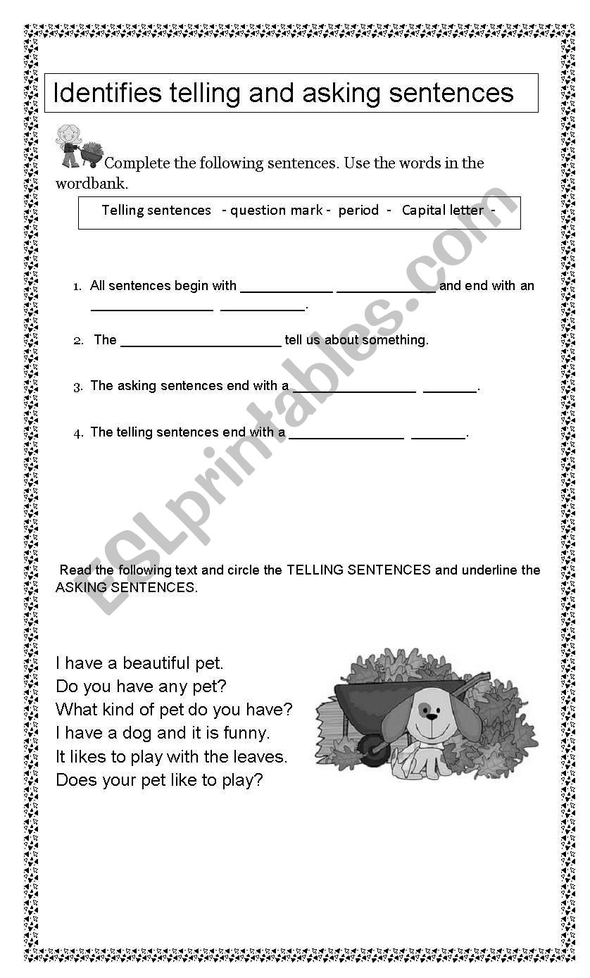 TELLING AND ASKING SENTENCES worksheet