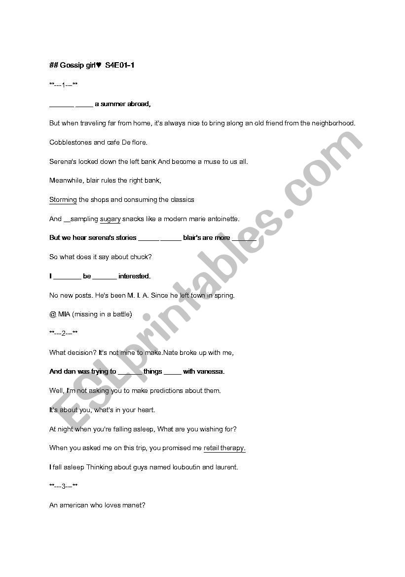 gossip girl S4EP01 DICTATION worksheet