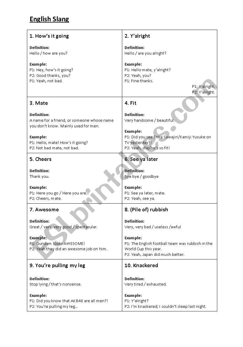 British English Slang worksheet