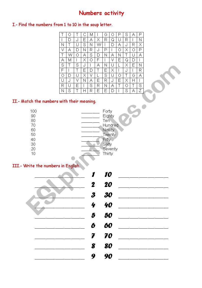 Number activity (10-100) worksheet