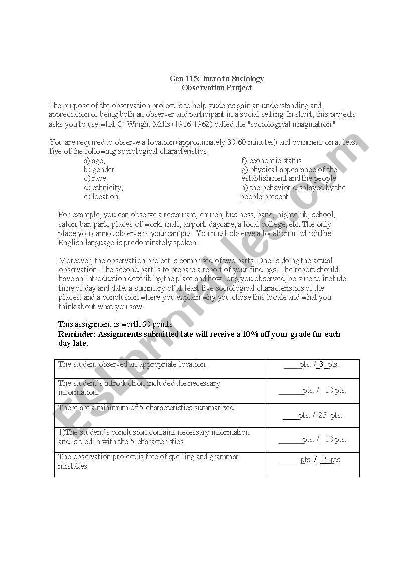 Observation Project worksheet