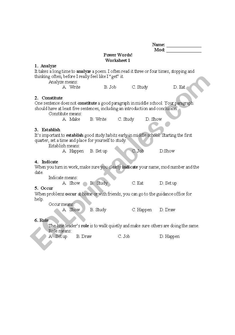 Academic Vocabulary Exercise worksheet