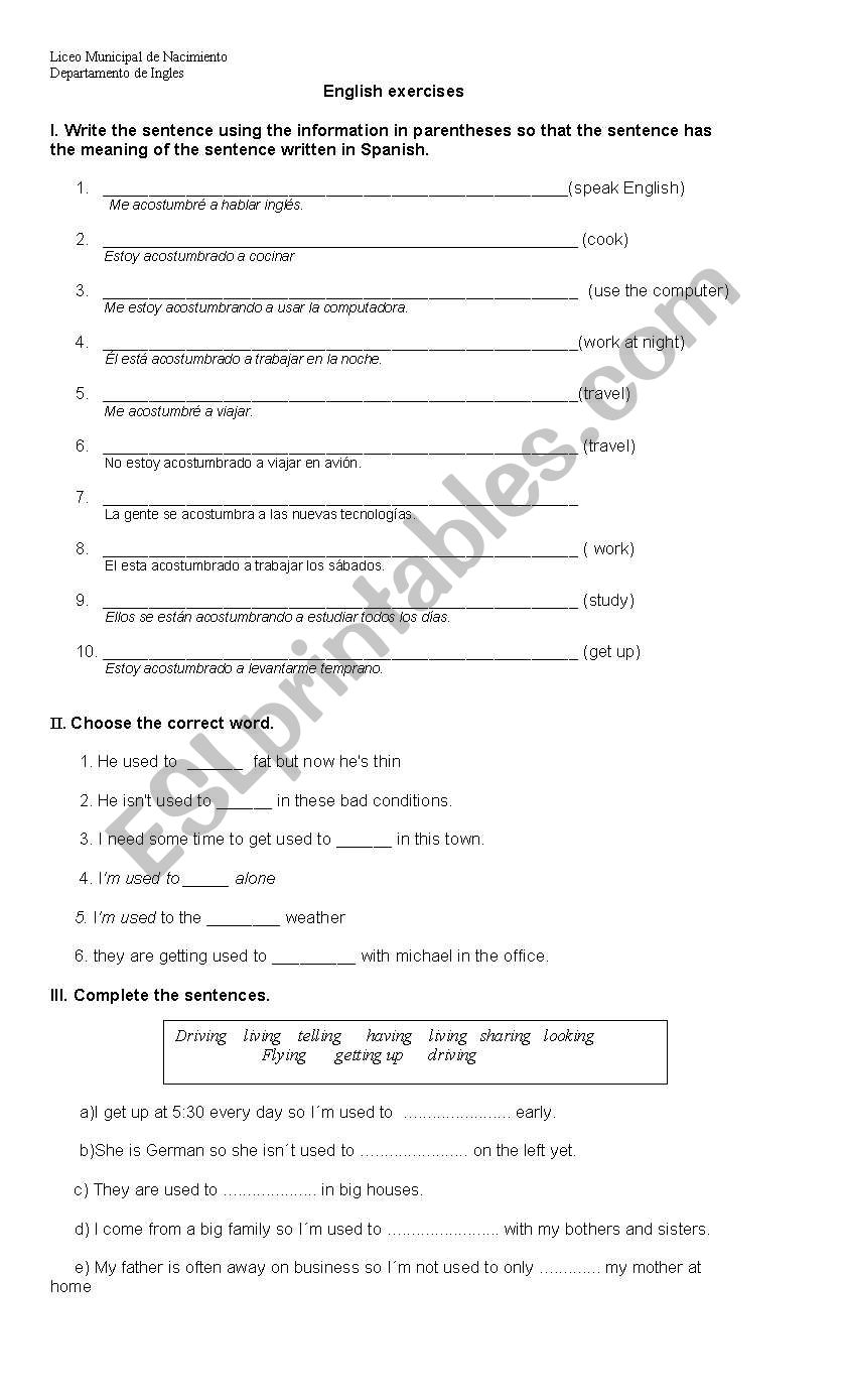 Be used to / Get used to worksheet