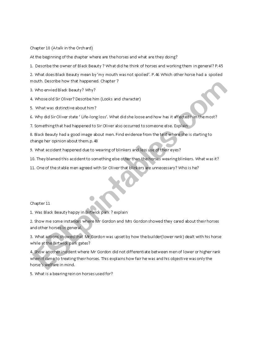 black beauty worksheet worksheet