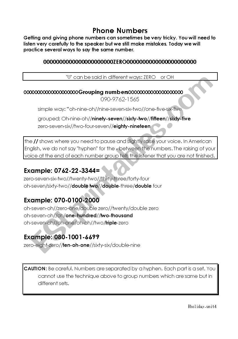 Reading phone numbers worksheet