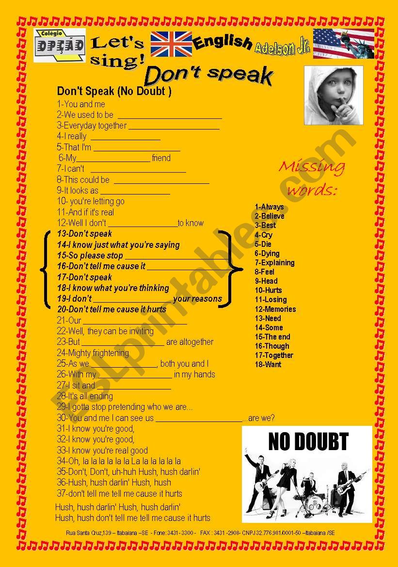 DonÂ´t speak worksheet