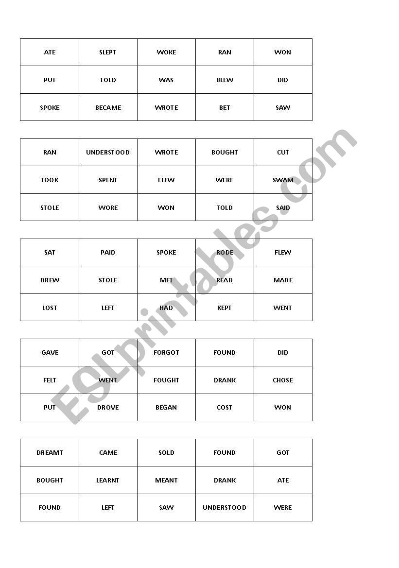 past simple bingo worksheet