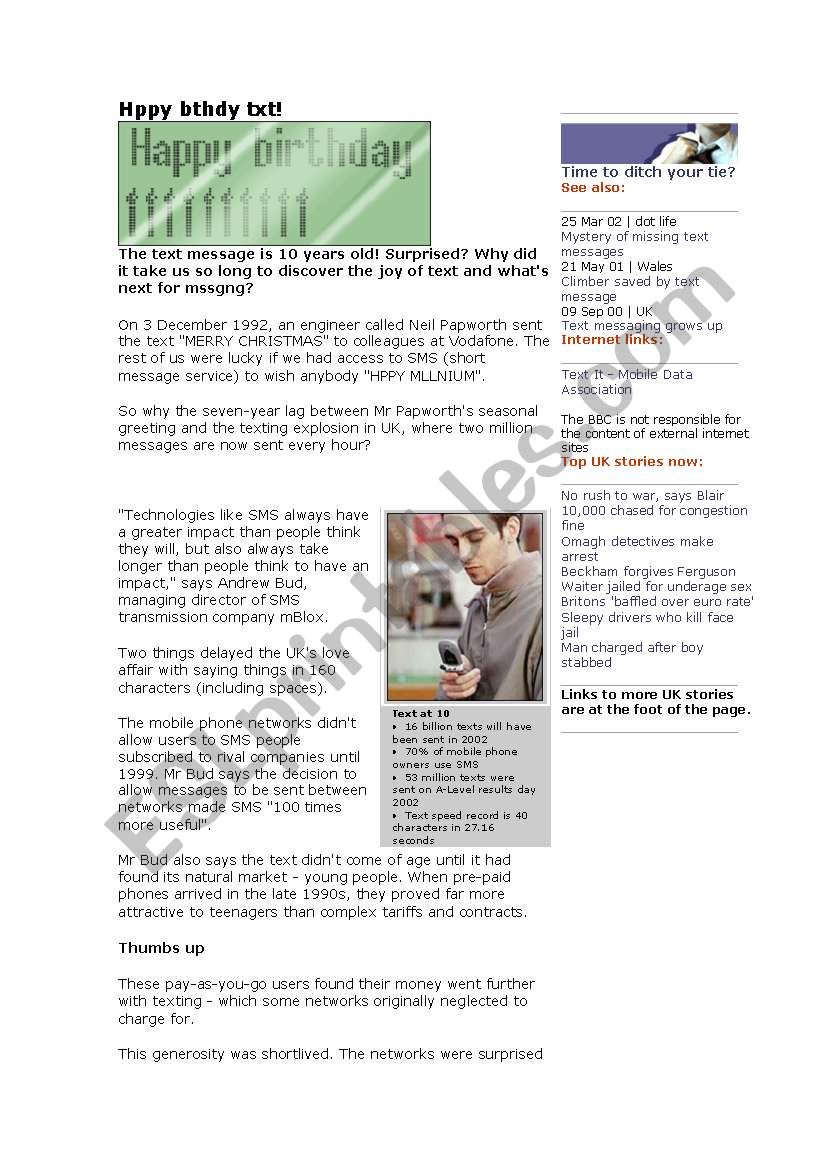 sms texts worksheet