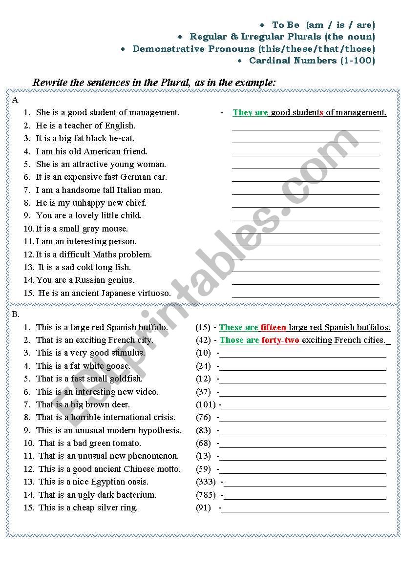 To Be  (am / is / are) ;Regular & Irregular Plurals; Demonstrative Pronouns;Cardinal Numbers (1-100)    