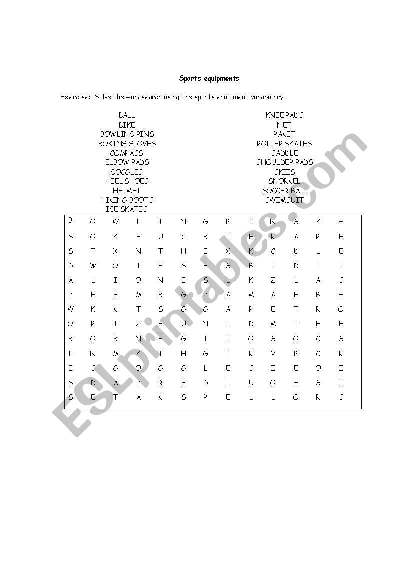 wORDSEARC SPORTS EQUIPMENT worksheet