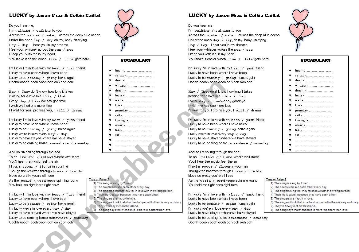 Lucky by Jason Mraz worksheet