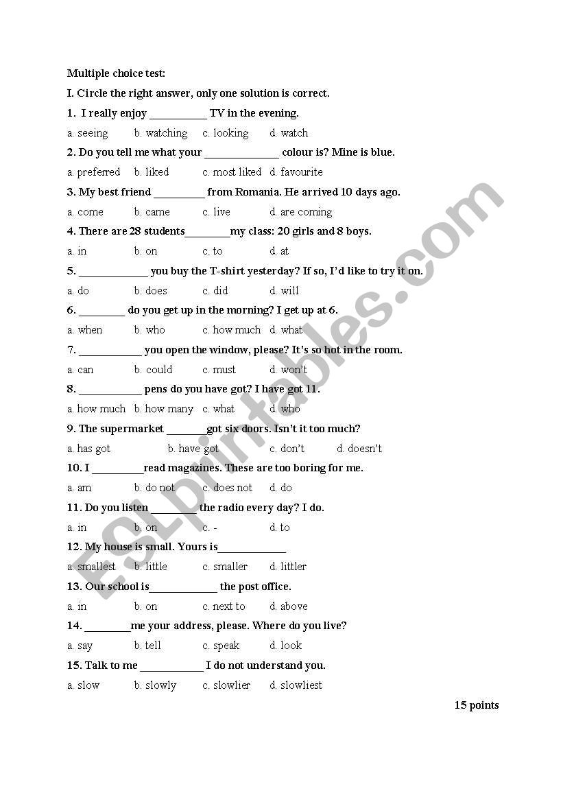 Multiple choice test worksheet