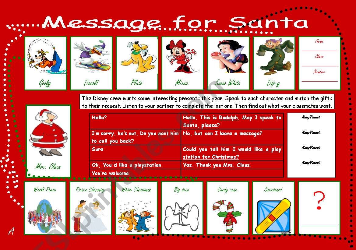 Message for Santa Student A worksheet