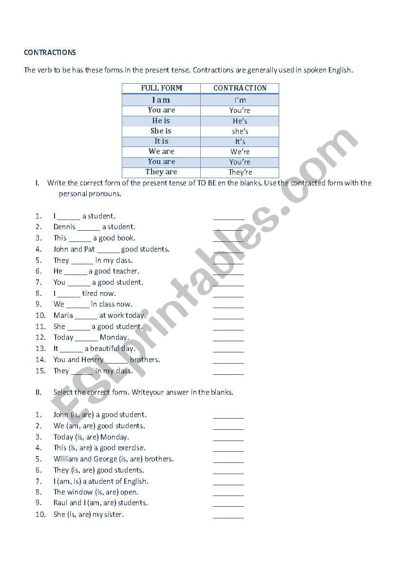 CONTRACTIONS worksheet