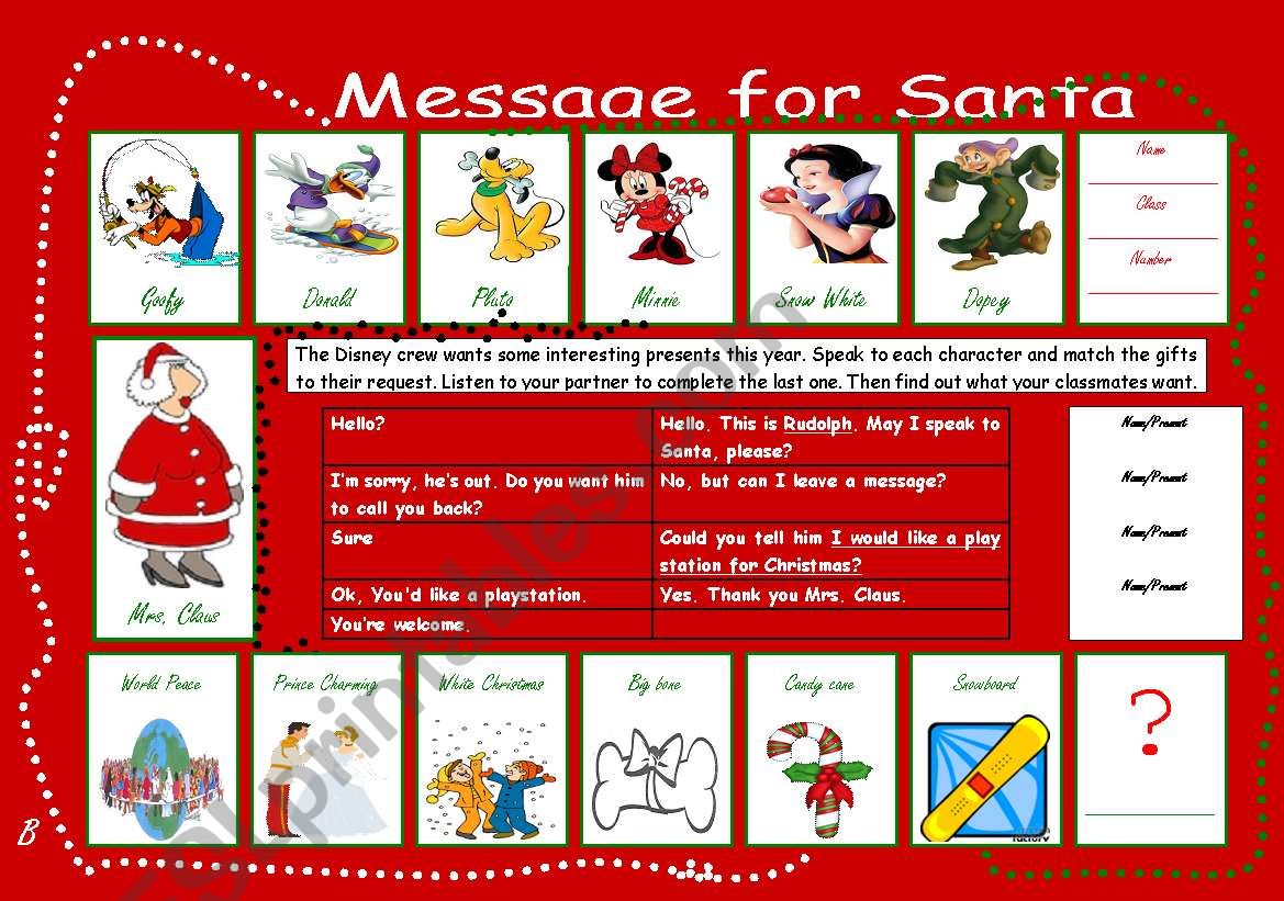 Message for Santa Student B worksheet