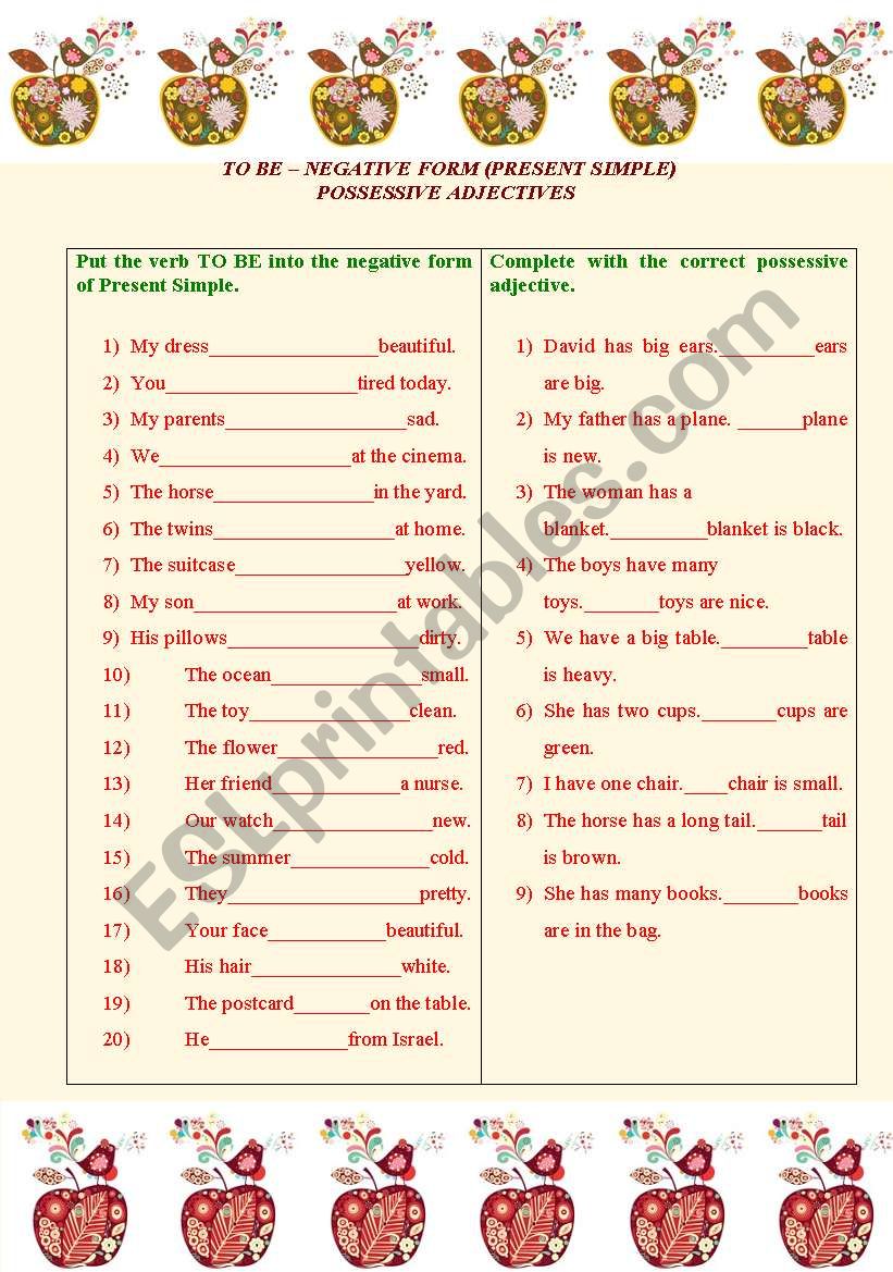 Verb TO BE (Negative Form. Present Simple). Possessive Adjectives.