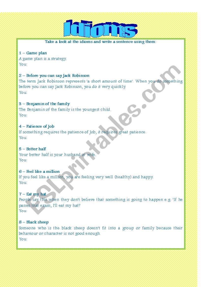 English Worksheets Idioms Making Up Sentences