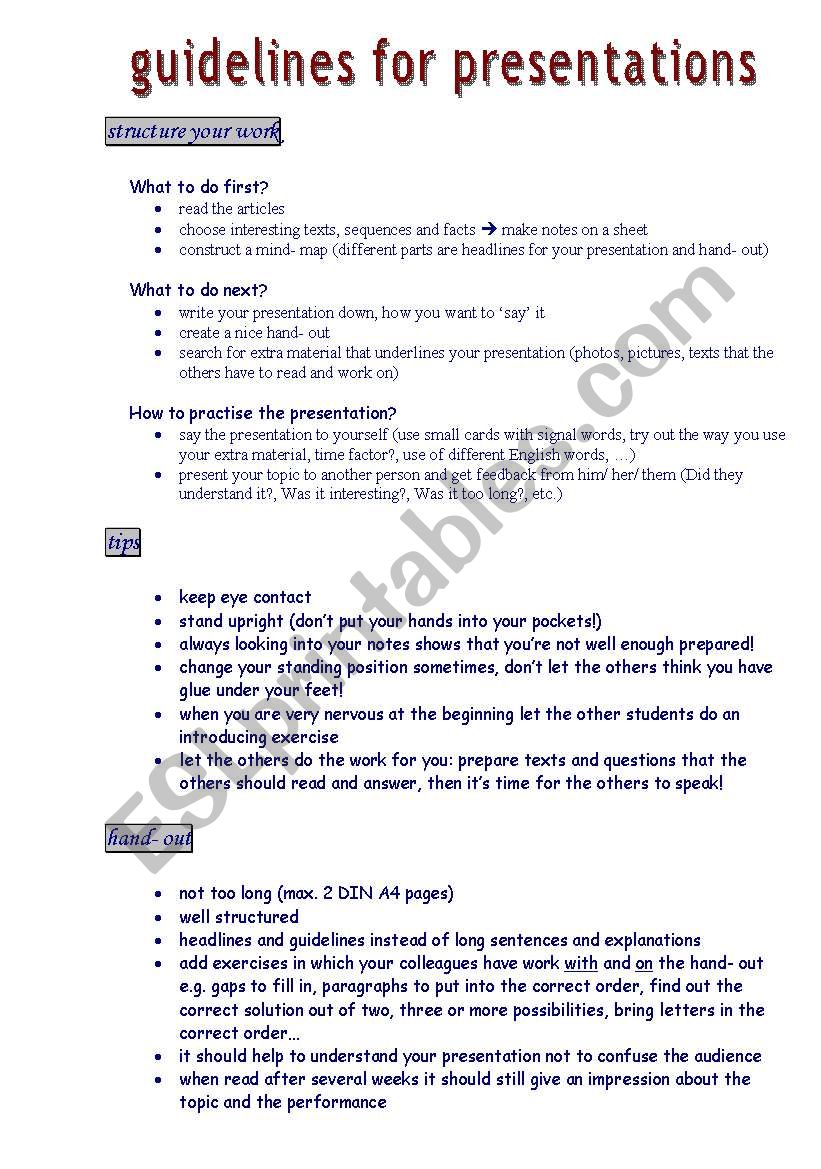 guidelines for presentations worksheet