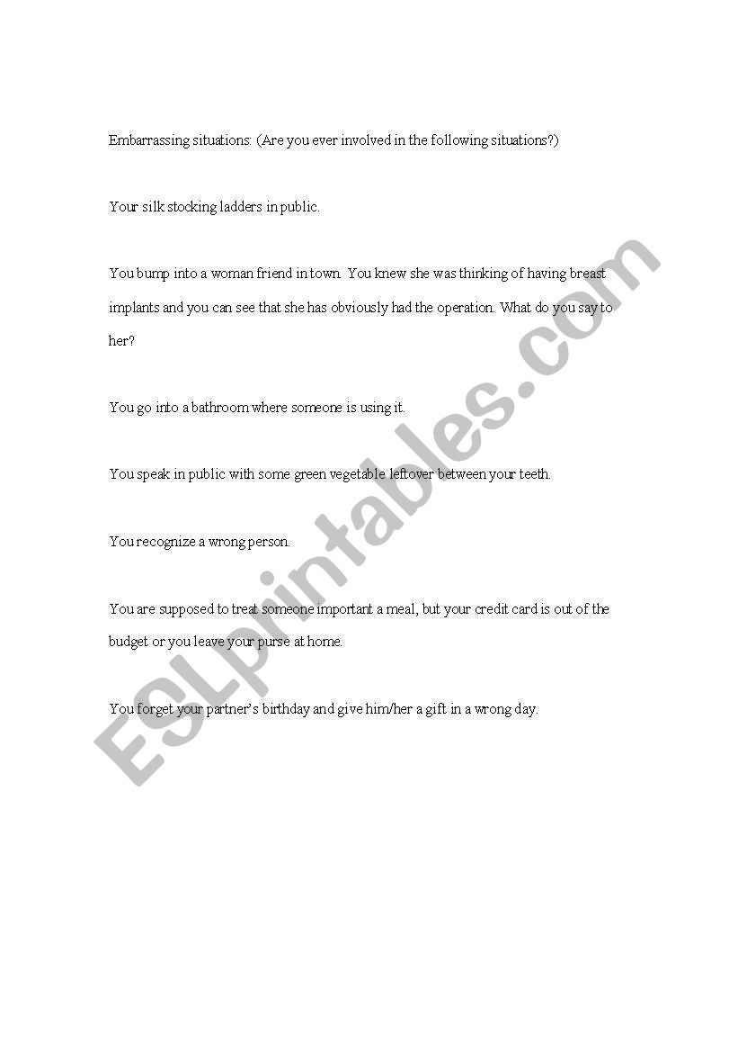 Embarrassing situations worksheet
